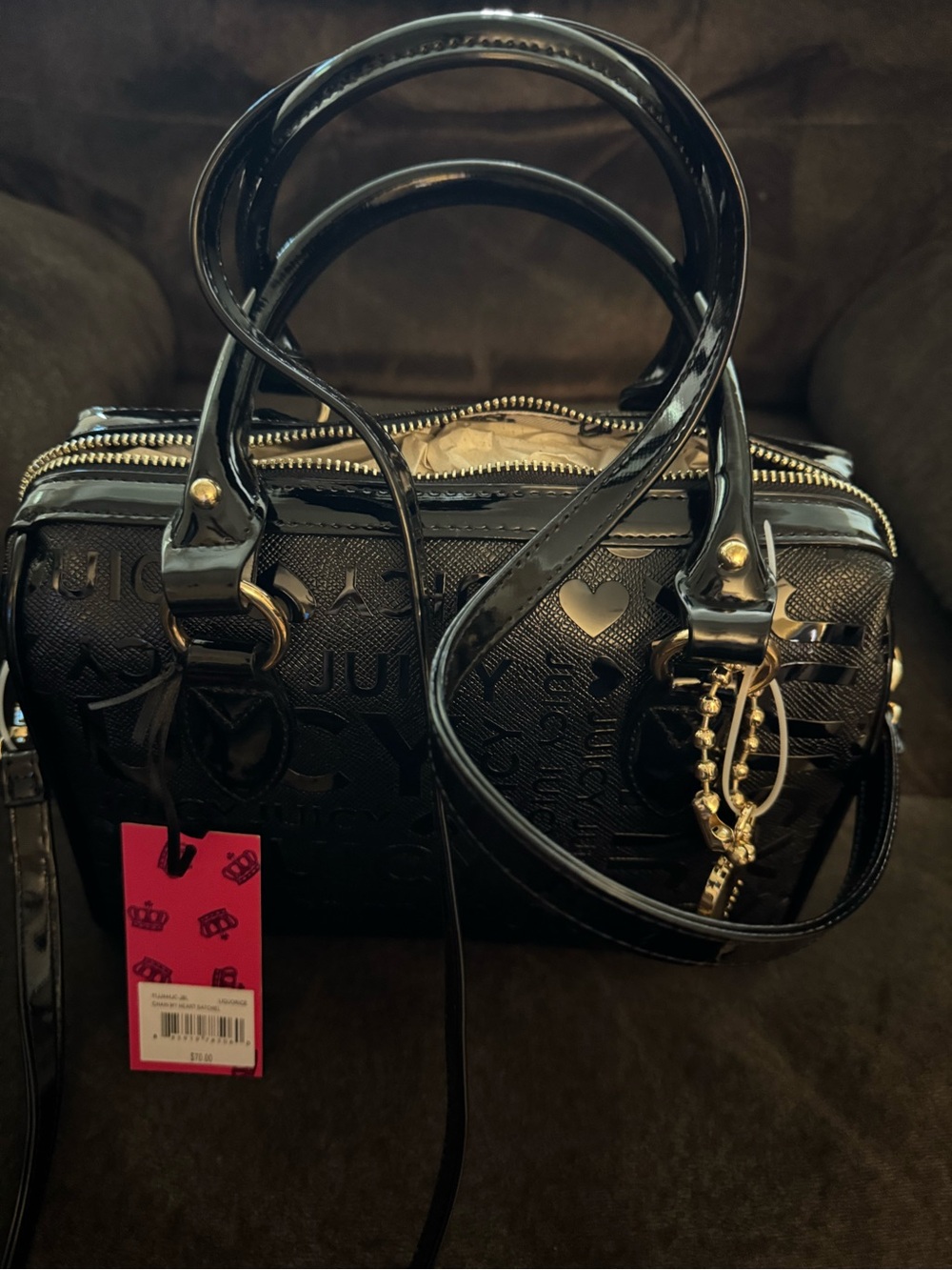 Juicy Couture Black Patent Logo Satchel with Gold Hardware - Picture 2 of 10